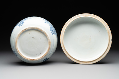 A Chinese blue and white tureen, a teapot and two dishes, Yongzheng/Qianlong
