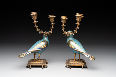 A pair of Chinese cloisonn&eacute; pigeons mounted as candelabras, 19th C.