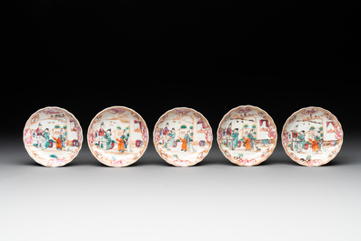 Six Chinese Canton famille rose 'mandarin subject' cups and ten saucers, Qianlong