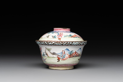 A Chinese Canton enamel 'foreigners' bowl and cover and a 'erotical subject' plate, Yongzheng/Qianlong