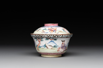 A Chinese Canton enamel 'foreigners' bowl and cover and a 'erotical subject' plate, Yongzheng/Qianlong