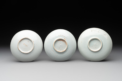 Six Chinese blue and white 'leaf and poem' saucers, Shunzhi