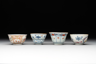 A collection of 12 pieces Chinese famille rose, vert and Imari-style cups and saucers, Yongzheng/Qianlong