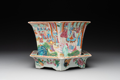 A Chinese Canton famille rose hexagonal jardini&egrave;re and stand with narrative design, 19th C.