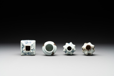 Five Chinese blue and white jarlets and three russet-splashed Longquan celadon jarlets, Yuan/Ming