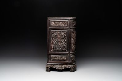 A Chinese zitan wood 'duo bao ge' cabinet of curiosities with carved floral design, 19th C.