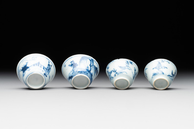Seven Chinese blue, white and famille rose cups, six saucers and two English-decorated jarlets, Kangxi/Yongzheng
