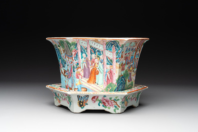 A Chinese Canton famille rose hexagonal jardini&egrave;re and stand with narrative design, 19th C.