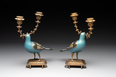 A pair of Chinese cloisonn&eacute; pigeons mounted as candelabras, 19th C.