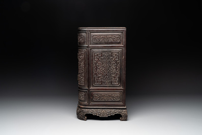 A Chinese zitan wood 'duo bao ge' cabinet of curiosities with carved floral design, 19th C.