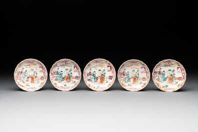 Six Chinese Canton famille rose 'mandarin subject' cups and ten saucers, Qianlong