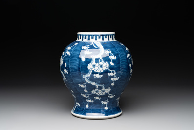 A pair of Chinese blue and white 'gu' vases, three jars, a plate and a plaque, Kangxi mark, 19th C.