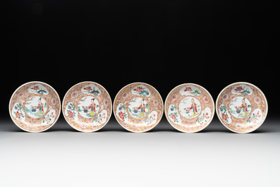 Seven Chinese blue, white and famille rose cups, six saucers and two English-decorated jarlets, Kangxi/Yongzheng