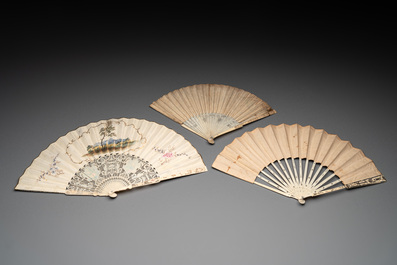 Three folding fans, water colour on paper and bone, France, 18th C.
