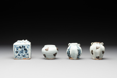 Five Chinese blue and white jarlets and three russet-splashed Longquan celadon jarlets, Yuan/Ming