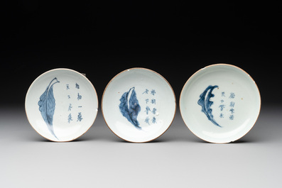 Six Chinese blue and white 'leaf and poem' saucers, Shunzhi