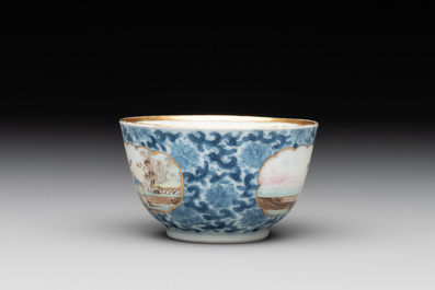 A Chinese export famille rose cup and saucer with a herring merchant, Qianlong