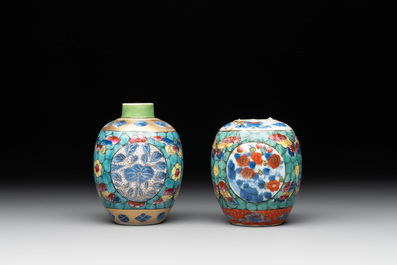 Seven Chinese blue, white and famille rose cups, six saucers and two English-decorated jarlets, Kangxi/Yongzheng