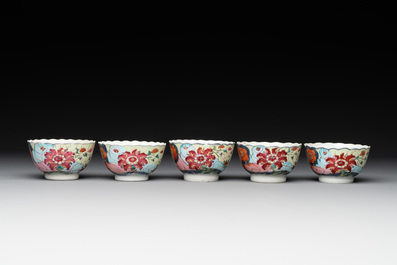 Five Chinese famille rose 'tobacco leaf' cups and saucers, Qianlong