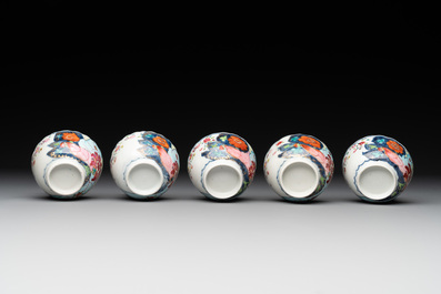 Five Chinese famille rose 'tobacco leaf' cups and saucers, Qianlong