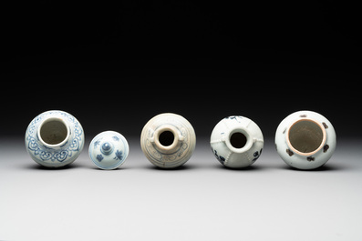 Five Chinese blue and white jarlets and three russet-splashed Longquan celadon jarlets, Yuan/Ming