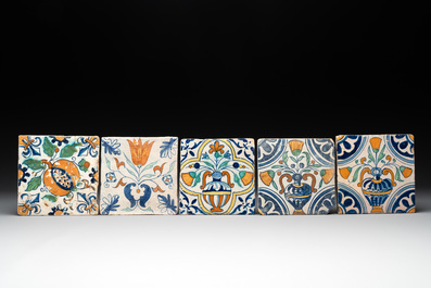 Ten polychrome Dutch Delft tiles with floral design, including Harlem, 17th C.