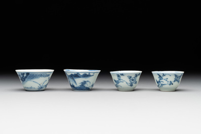 Seven Chinese blue, white and famille rose cups, six saucers and two English-decorated jarlets, Kangxi/Yongzheng