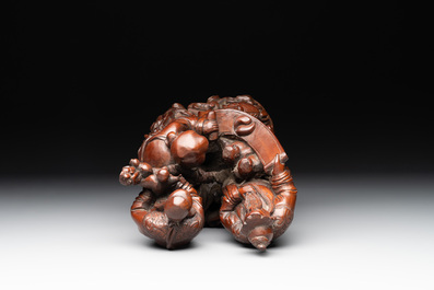 A Chinese carved wooden 'Fu Lu Shou' group, 19/20th C.