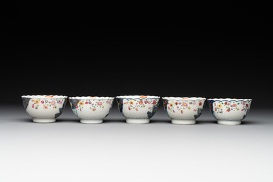 Five Chinese famille rose 'tobacco leaf' cups and saucers, Qianlong