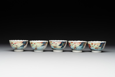 Five Chinese famille rose 'tobacco leaf' cups and saucers, Qianlong