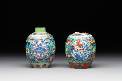Seven Chinese blue, white and famille rose cups, six saucers and two English-decorated jarlets, Kangxi/Yongzheng