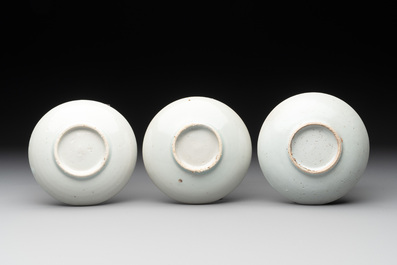 Six Chinese blue and white 'leaf and poem' saucers, Shunzhi