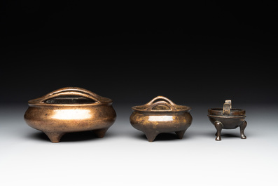 Three Chinese bronze censers, Xuande mark, Ming/Qing