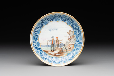 A Chinese export famille rose cup and saucer with a herring merchant, Qianlong