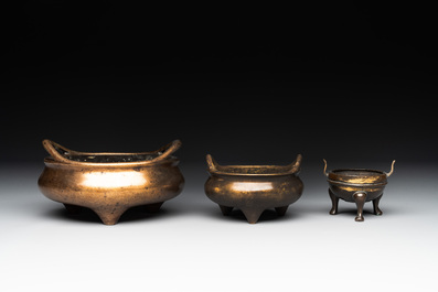 Three Chinese bronze censers, Xuande mark, Ming/Qing