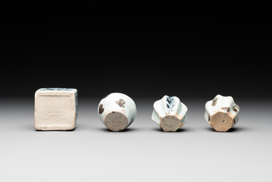 Five Chinese blue and white jarlets and three russet-splashed Longquan celadon jarlets, Yuan/Ming