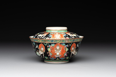 A rare Chinese black-ground Bencharong 'Thepphanom' bowl and cover for the Thai market, He Yaoji 何耀記 mark, 19th C.