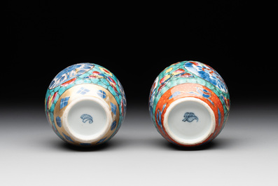 Seven Chinese blue, white and famille rose cups, six saucers and two English-decorated jarlets, Kangxi/Yongzheng