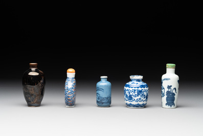 Five Chinese blue and white, iron-red and mirror-black-glazed snuff bottles, Qianlong mark, 19th C.