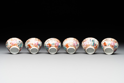 Six Chinese Canton famille rose 'mandarin subject' cups and ten saucers, Qianlong