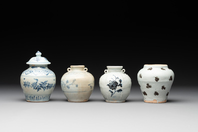 Five Chinese blue and white jarlets and three russet-splashed Longquan celadon jarlets, Yuan/Ming