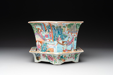 A Chinese Canton famille rose hexagonal jardini&egrave;re and stand with narrative design, 19th C.