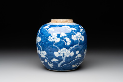 A pair of Chinese blue and white 'gu' vases, three jars, a plate and a plaque, Kangxi mark, 19th C.