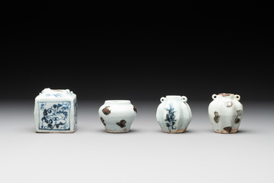 Five Chinese blue and white jarlets and three russet-splashed Longquan celadon jarlets, Yuan/Ming