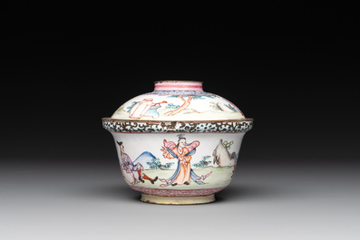 A Chinese Canton enamel 'foreigners' bowl and cover and a 'erotical subject' plate, Yongzheng/Qianlong