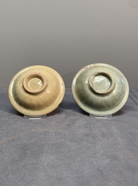 A Chinese Longquan celadon stem cup and two saucers, Ming