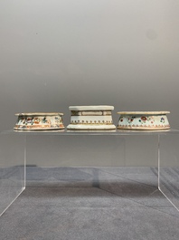 A rare Chinese crown-monogrammed salt and two fine famille rose salts, Qianlong