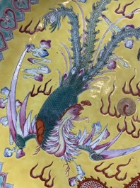 A Chinese famille rose yellow-ground 'dragon and phoenix' dish for the Straits or Peranakan market, Qianlong mark, 19th C.