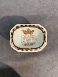 A rare Chinese crown-monogrammed salt and two fine famille rose salts, Qianlong
