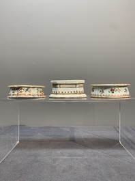 A rare Chinese crown-monogrammed salt and two fine famille rose salts, Qianlong